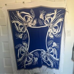 Blue and White Tablecloth with Floral Bow Design